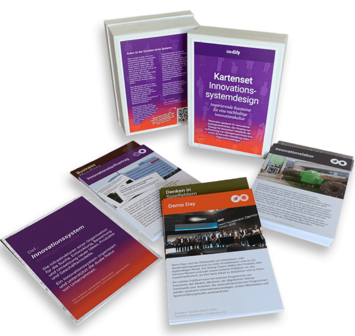 A card set with cards to design an innovation system.