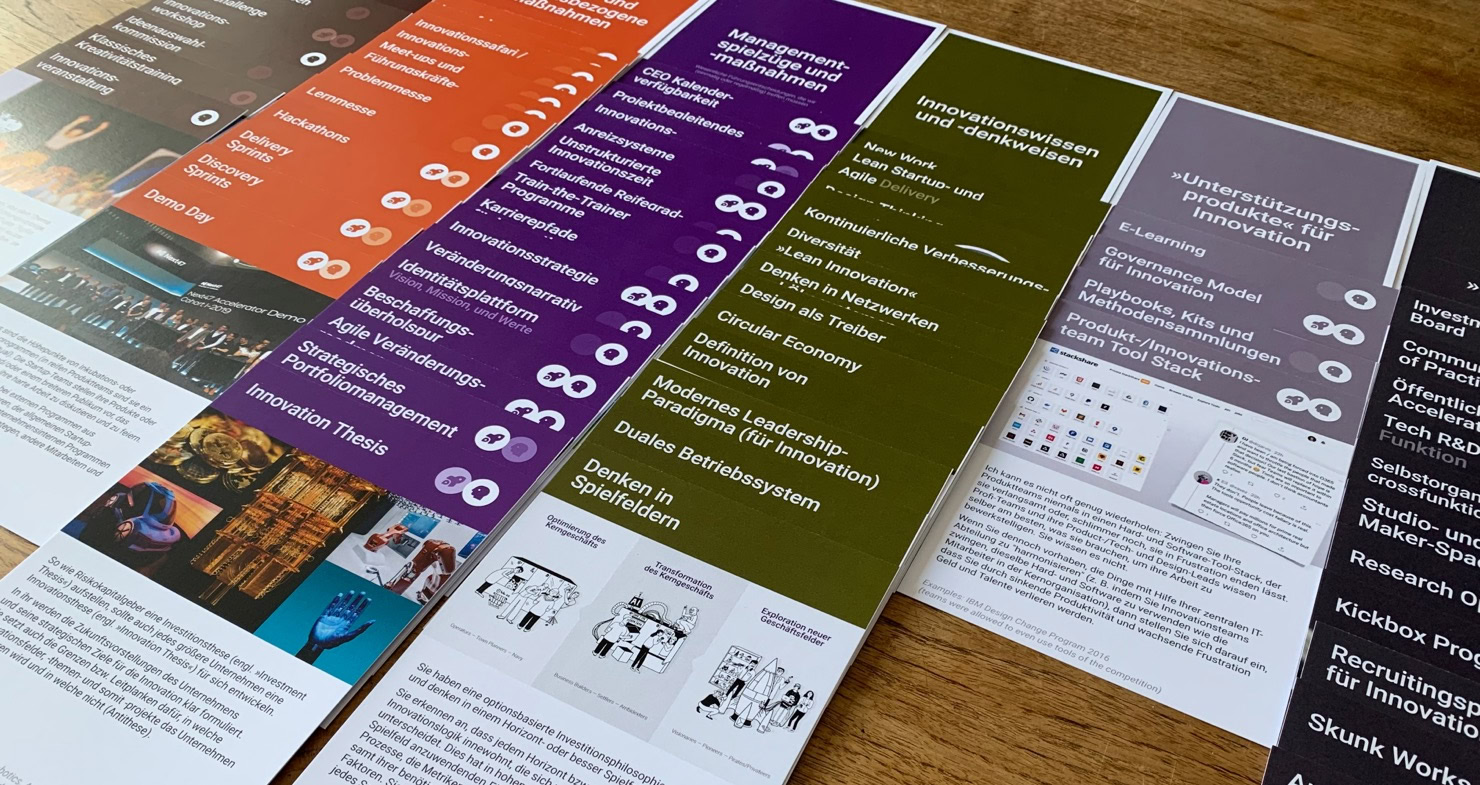 An innovation system design card set on a table.