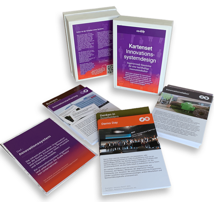 A card set with cards to design an innovation system.